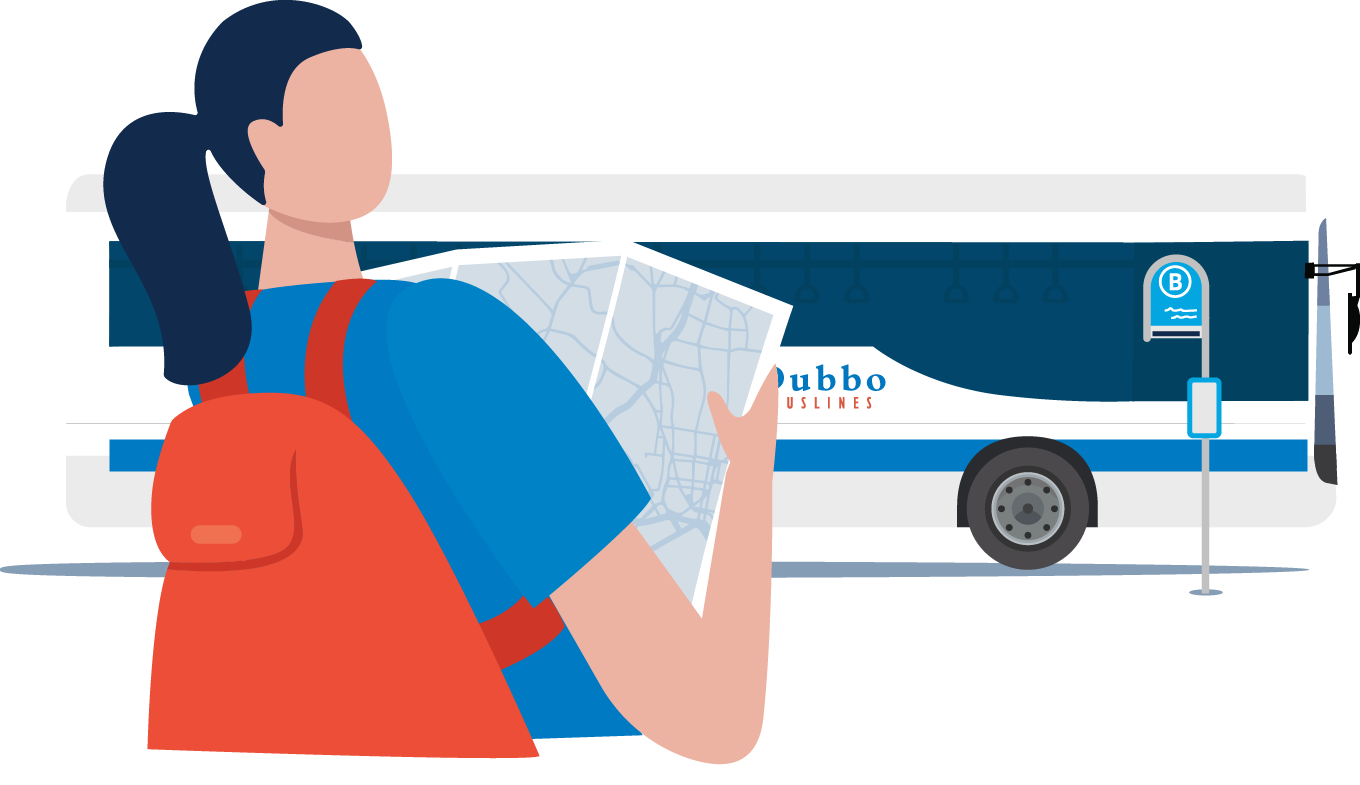 A girl is reading a map at the bus stop with a Buslines Group bus